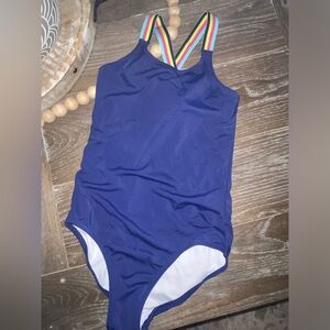 Girls Kami one piece navy swimsuit with colorful straps, worn once